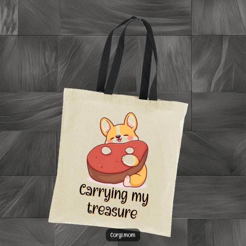 Funny Kawaii Corgi tote bag, hugging a giant plush steak with pure joy, practical and humorous gift.