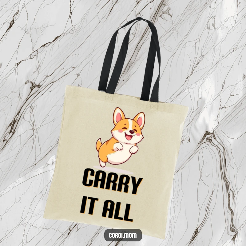 Funny Kawaii Corgi tote bag, featuring a happy squatting leap with stubby legs, perfect for carrying groceries or daily items.