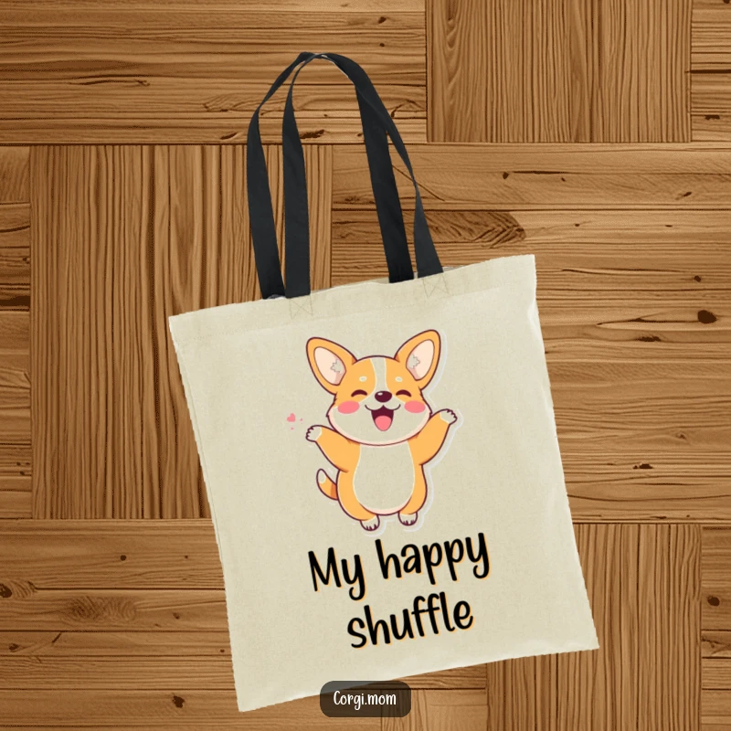 Funny Kawaii Corgi with perky ears doing a joyful wiggle dance, a humorous and practical tote.