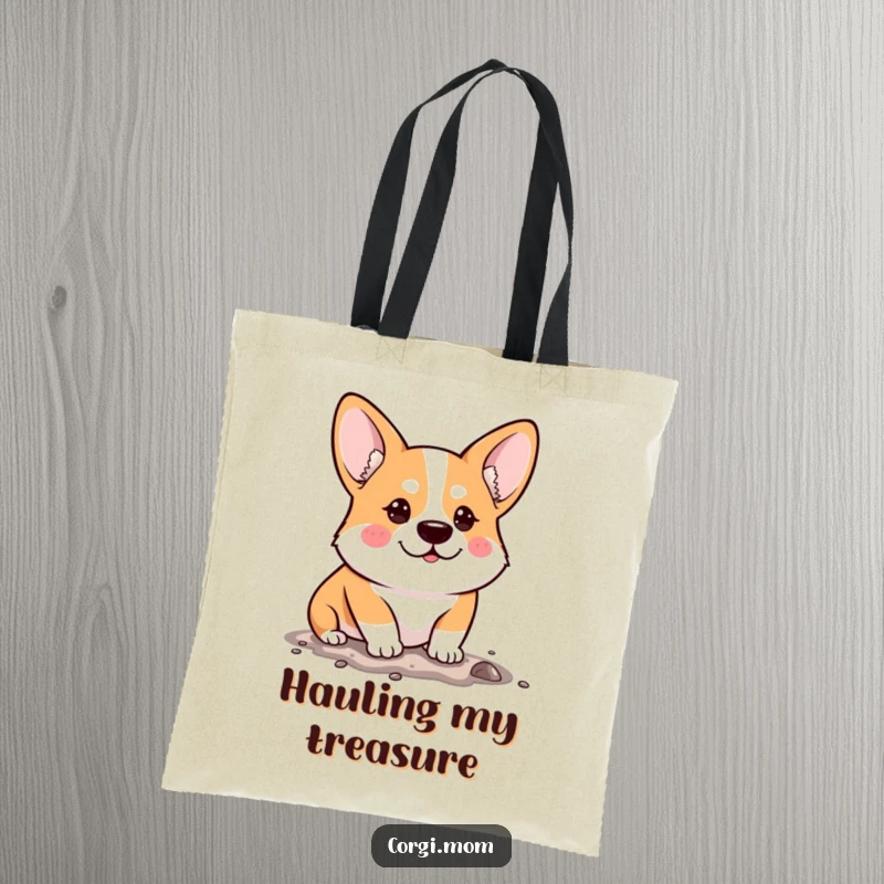 Funny Tote Bag with a determined Kawaii Corgi humorously digging, ready to carry your essentials with unwavering effort.