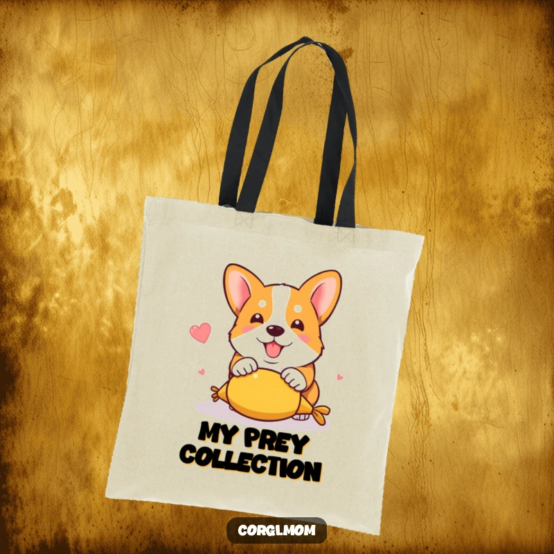 Funny kawaii corgi captured in a hilarious pounce on a squeaky toy, featured on a practical and stylish tote bag.