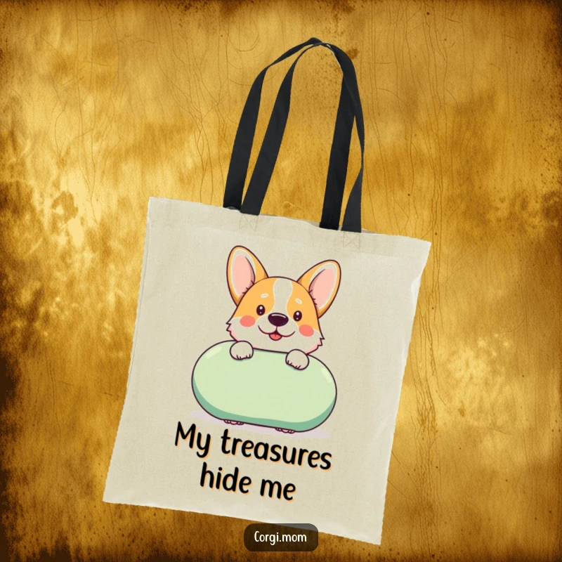 Funny kawaii Corgi peeks cheekily from behind a giant squeaky toy on this durable and stylish tote bag.