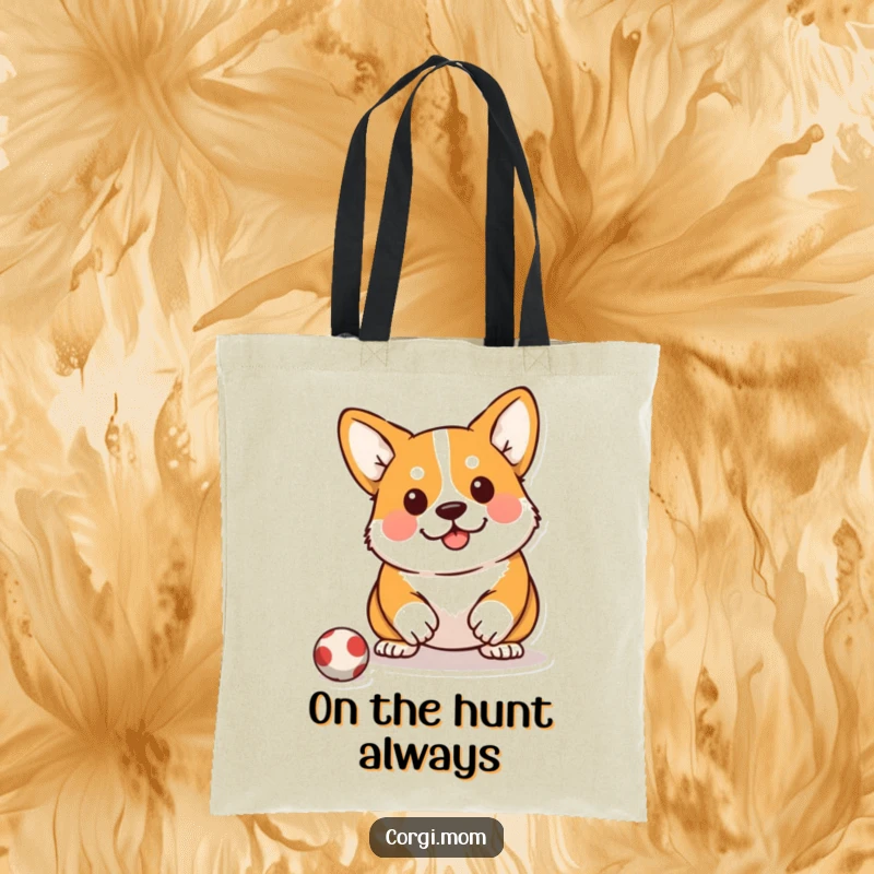 Funny Kawaii Corgi Tote Bag: A cute Corgi in a pounce-ready squat, ideal for carrying treasures.