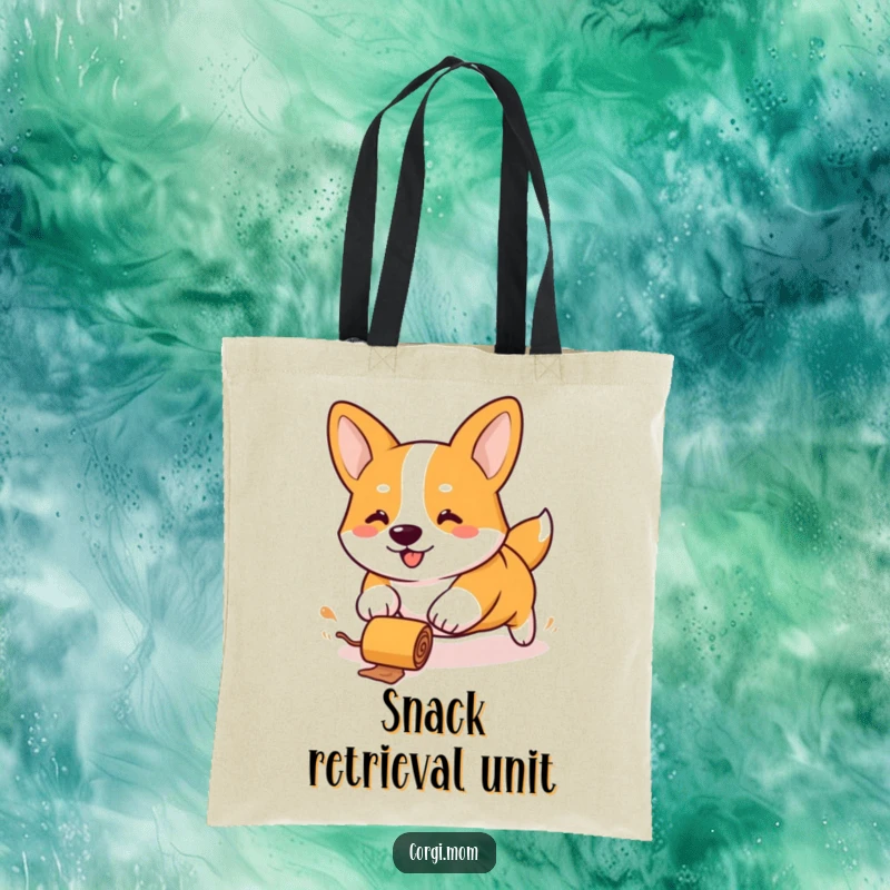 Funny Kawaii Corgi tote bag, stubby legs in a funny, energetic chase after a rolling treat, perfect for carrying goodies.