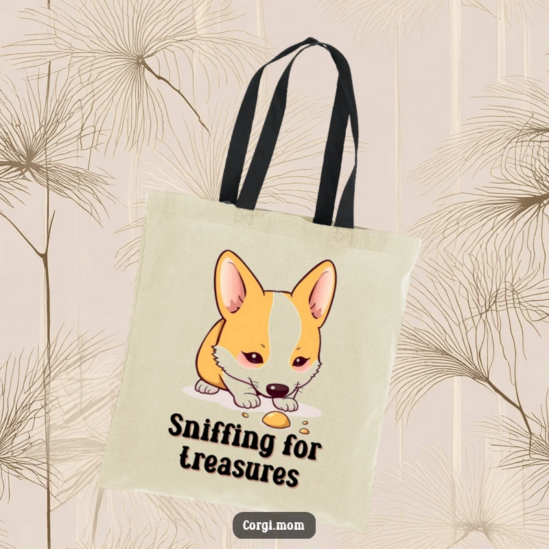 Funny Kawaii Corgi tote bag depicting a cute dog curiously sniffing the ground, great for shoppers who love exploration and cute designs.