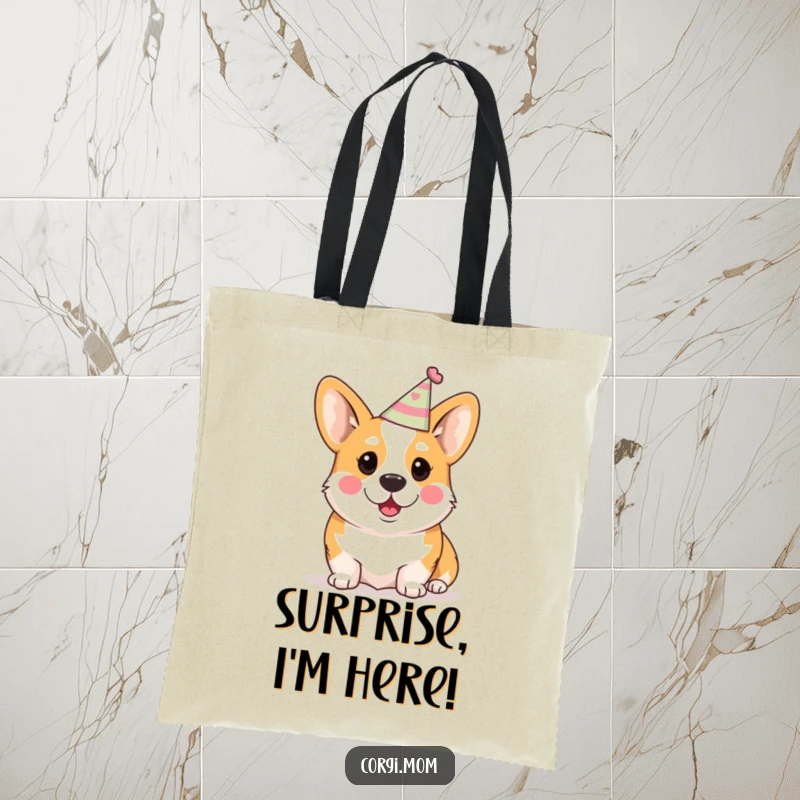 Funny Kawaii Corgi Tote Bag: A cute Corgi in a party hat looking surprised, perfect for shopping.
